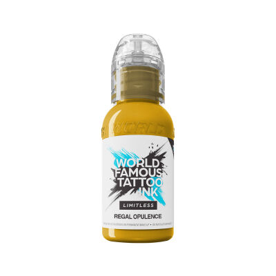 Gelbe Tattoofarbe World Famous Ink 30 ml auf weißem Hintergrund