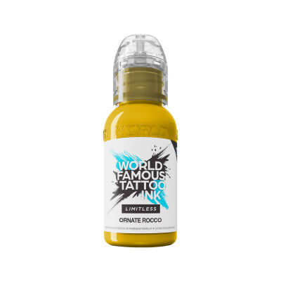 Gelbe Flasche Tattoofarbe von World Famous Ink auf weißem Hintergrund