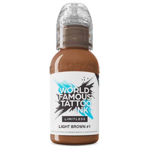 Braune Tätowierfarbe von World Famous Ink in 30 ml Flasche auf weißem Hintergrund