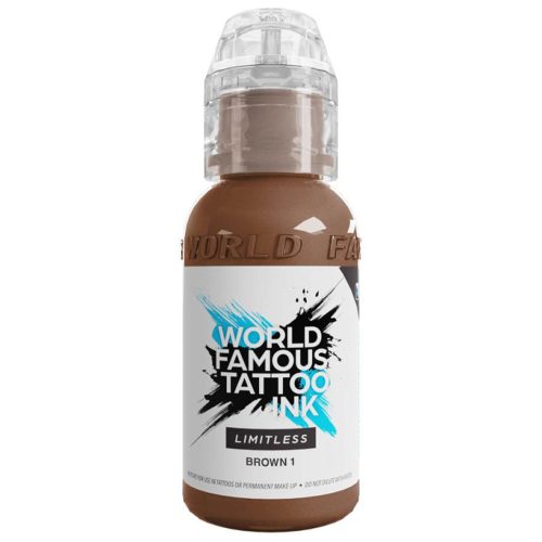 Braune Tattoofarbe von World Famous Ink in 30ml Flasche auf weißem Hintergrund