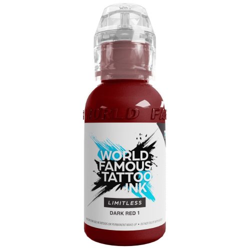 Rote Tattoofarbe World Famous Ink in 30 ml Flasche auf weißem Hintergrund