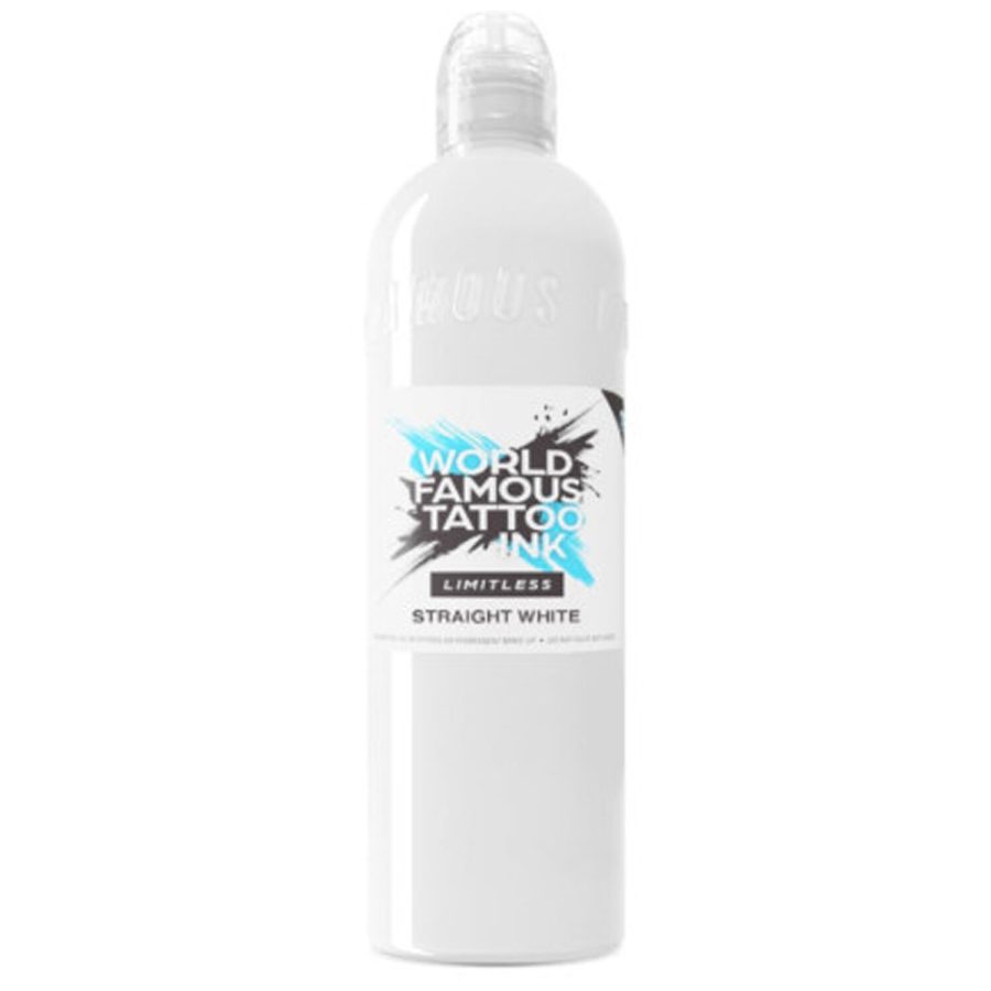 Weiße Flasche World Famous Ink Pink Tattoofarbe auf weißem Hintergrund