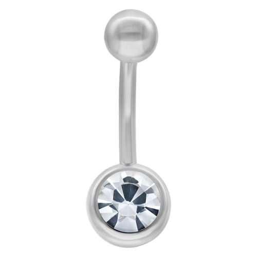 Bauchnabelpiercing aus Titan in Weißgold mit klarem Kristall auf weißem Hintergrund