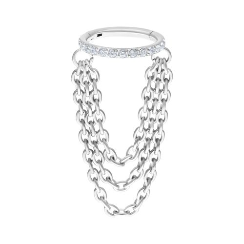 Weißgoldener Triple Chain Clicker mit Kristallen auf weißem Hintergrund