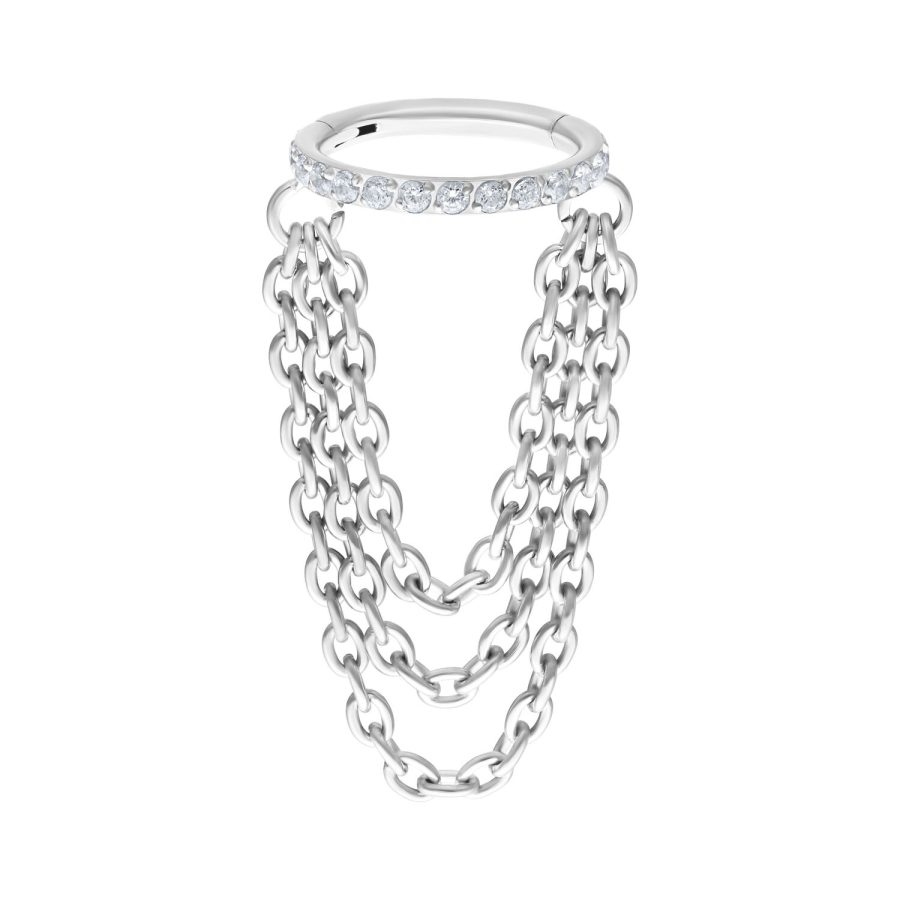 Weißgoldener Triple Chain Clicker mit Kristallen auf weißem Hintergrund