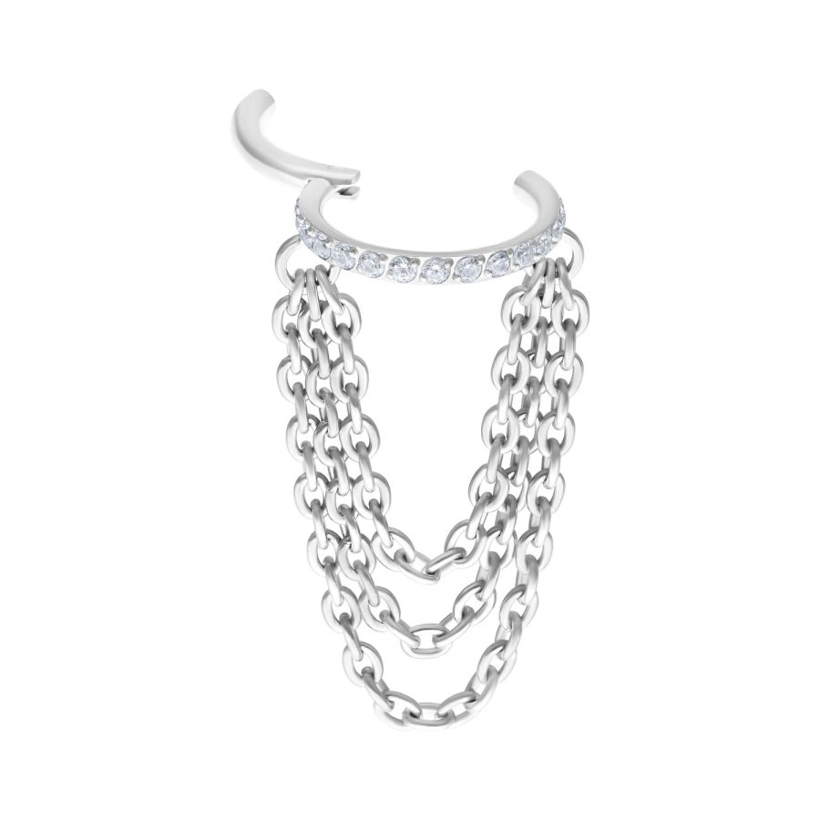Silberner Triple Chain Clicker mit Kristallen auf weißem Hintergrund
