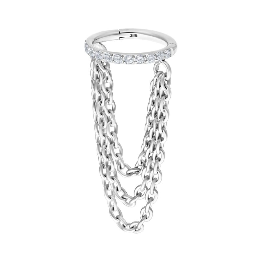 Weißgoldener Triple Chain Clicker mit Kristallen und 6,0 mm Innendurchmesser auf weißem Hintergrund