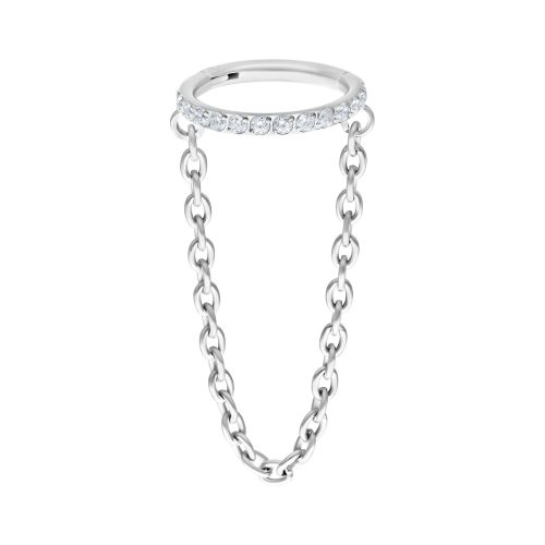 Hinged Ring aus Titan in Weißgold mit Kristallkette auf weißem Hintergrund