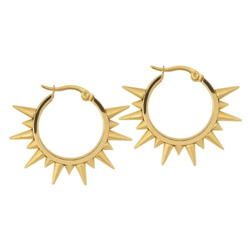 Zwei goldene Spiked Ohrringe aus Chirurgenstahl auf weißem Hintergrund