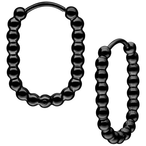 Zwei schwarze oval geformte Bubble Hoops Ohrringe aus Chirurgenstahl auf weißem Hintergrund