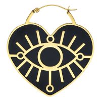 Goldene herzförmige Ohrringe mit schwarzem Auge-Design auf weißem Hintergrund