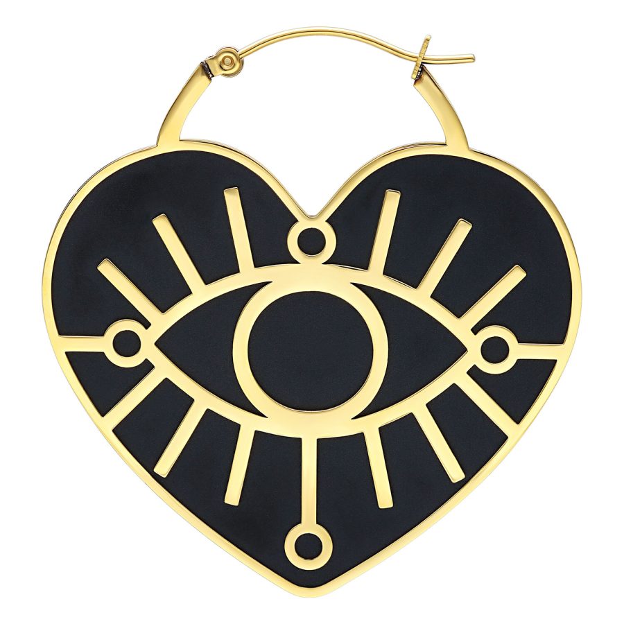 Goldene herzförmige Ohrringe mit schwarzem Auge-Design auf weißem Hintergrund