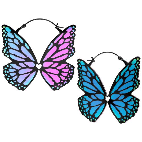 Zwei schwarze Butterfly Hoops mit bunten Flügeln auf weißem Hintergrund