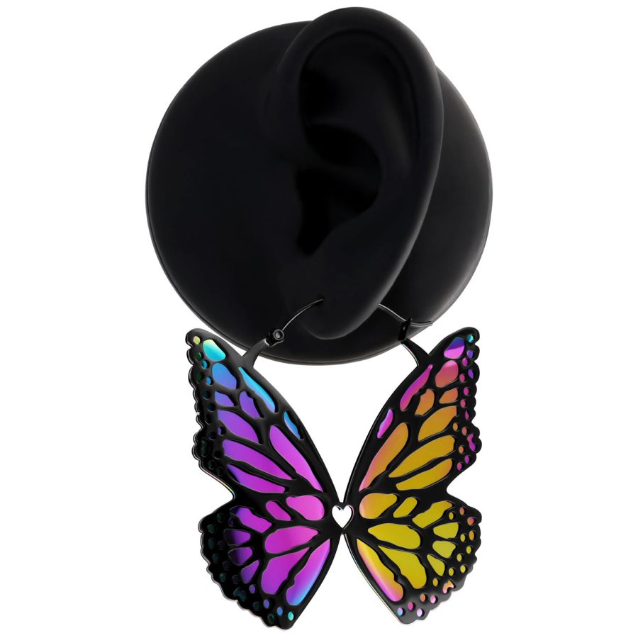 Schwarze Butterfly Ohrringe mit buntem Schmetterlingsdesign auf schwarzem Hintergrund