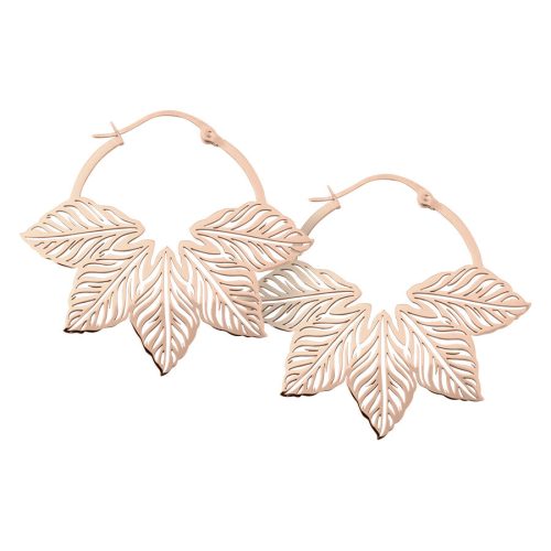Roségoldene Abey Hoops Ohrringe auf weißem Hintergrund mit Blattdesign