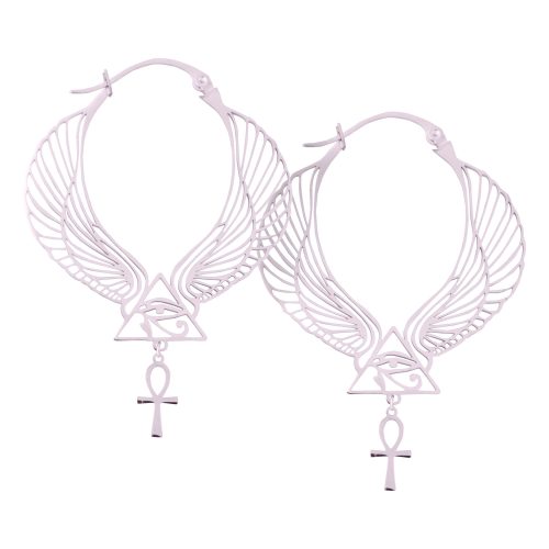 Kreisförmige Ohrringe mit Flügeln und Ankh-Symbol in Silber auf weißem Hintergrund