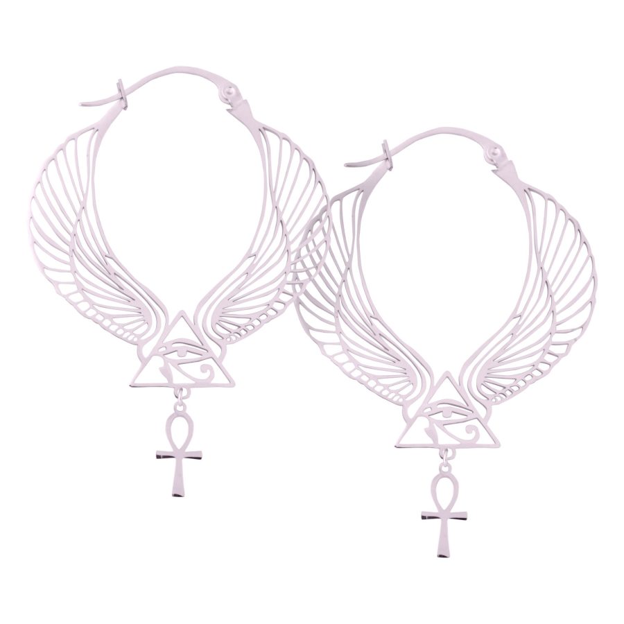 Kreisförmige Ohrringe mit Flügeln und Ankh-Symbol in Silber auf weißem Hintergrund