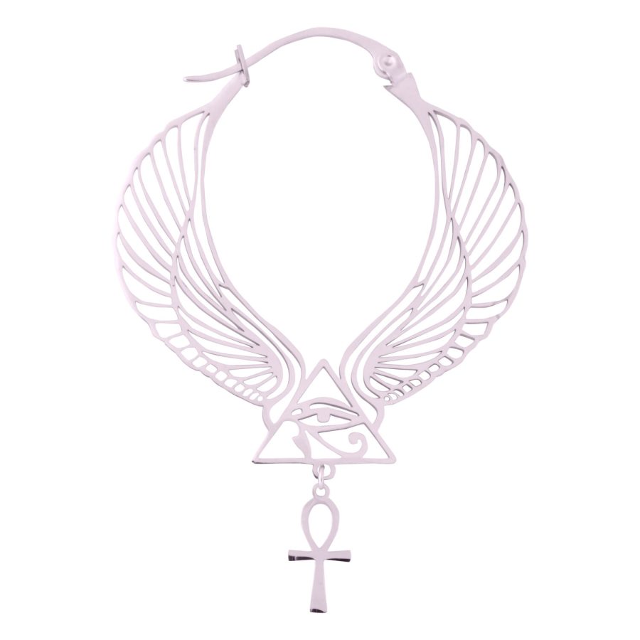 Roségoldene Cleopatra Hoops mit Flügel-Design und Ankh-Anhänger auf weißem Hintergrund