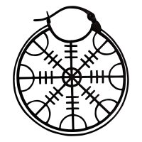 Runder schwarzer Edelstahl-Ohrring mit Helm of Awe Design auf weißem Hintergrund