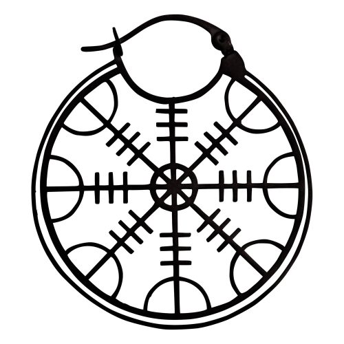 Runder schwarzer Edelstahl-Ohrring mit Helm of Awe Design auf weißem Hintergrund