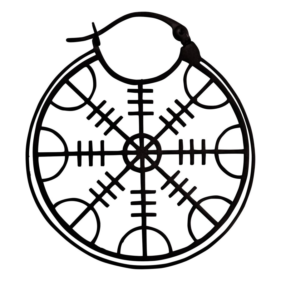 Runder schwarzer Edelstahl-Ohrring mit Helm of Awe Design auf weißem Hintergrund