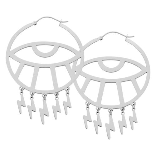 Silberne Thunderflash Eye Hoops aus Chirurgenstahl mit Blitzanhängern auf weißem Hintergrund