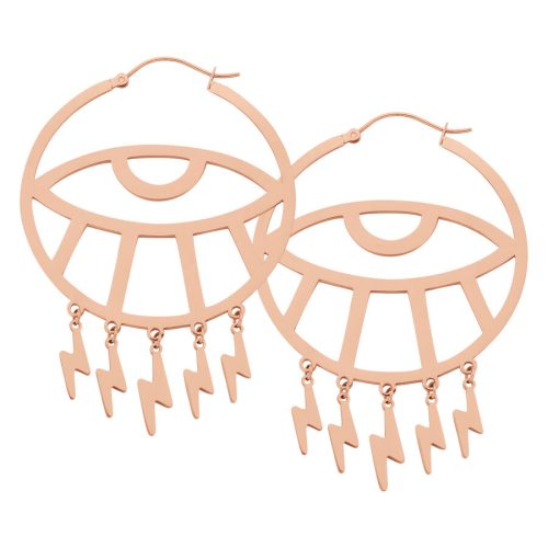 Roségoldene Thunderflash Eye Hoops mit Blitzanhängern auf weißem Hintergrund