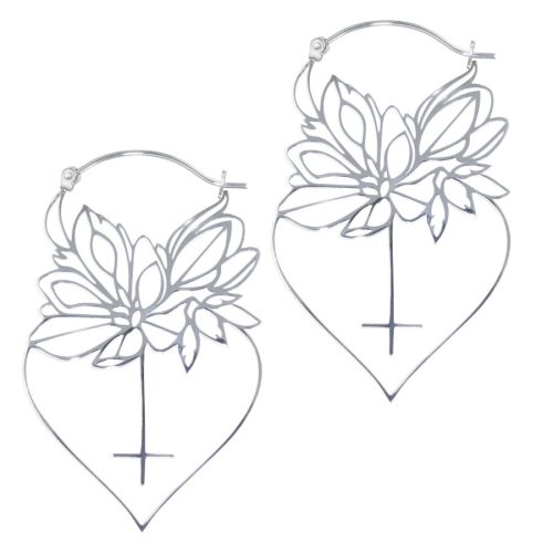 Silberne Dahlia Hoops Ohrringe mit Blumenmotiv auf weißem Hintergrund
