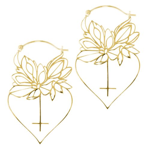 Goldene Dahlia Hoops Ohrringe mit Blumenmotiv auf weißem Hintergrund