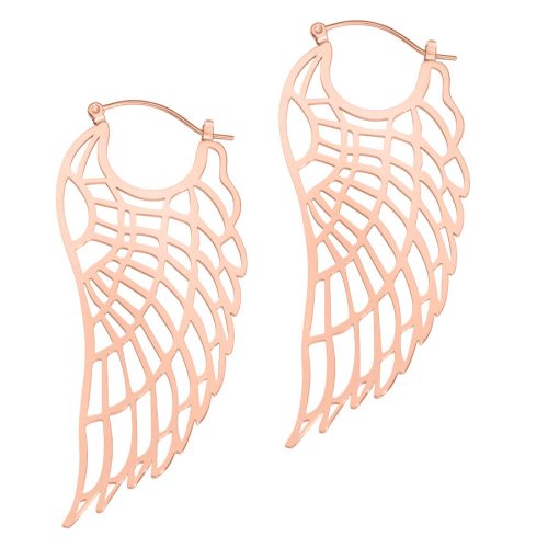 Zwei roségoldene Wing Hoops aus hochglanzpoliertem Chirurgenstahl auf weißem Hintergrund