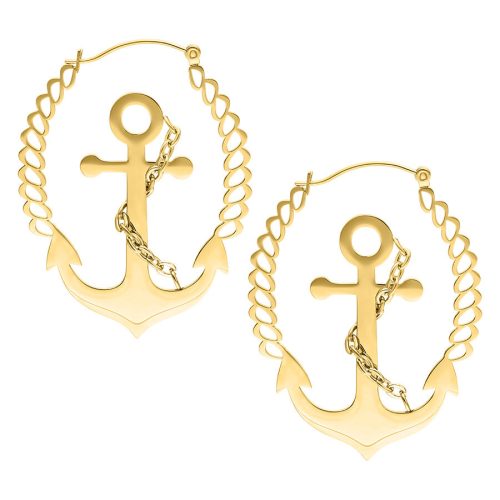 Zwei goldene Anchor Ohrringe aus Chirurgenstahl auf weißem Hintergrund