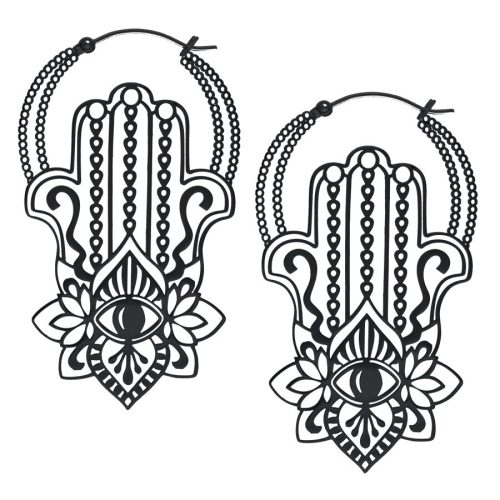 Schwarze Khamsa Hoops Ohrringe aus Chirurgenstahl auf weißem Hintergrund