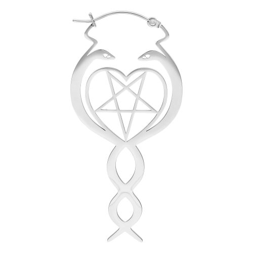 Silberne Ohrringe mit Schlangenmotiv und Pentagramm auf weißem Hintergrund