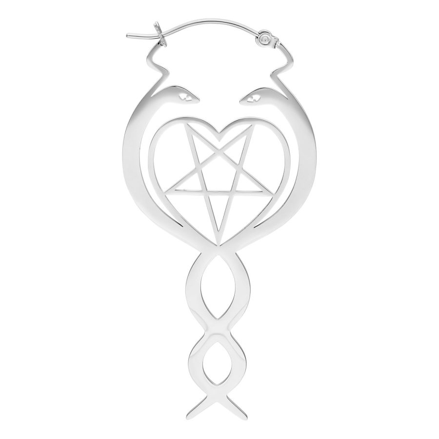 Silberne Ohrringe mit Schlangenmotiv und Pentagramm auf weißem Hintergrund