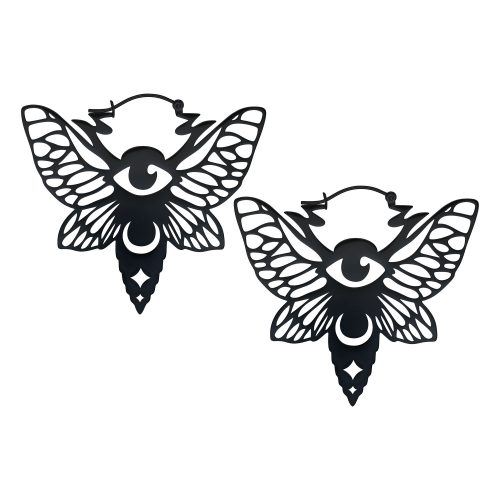 Schwarze Moth Hoops Ohrringe mit Flügel- und Augendesign auf weißem Hintergrund