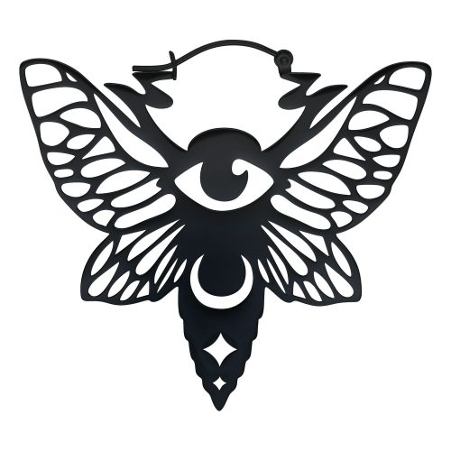 Schwarze Ohrringe in Schmetterlingsform mit Auge und Halbmond auf weißem Hintergrund