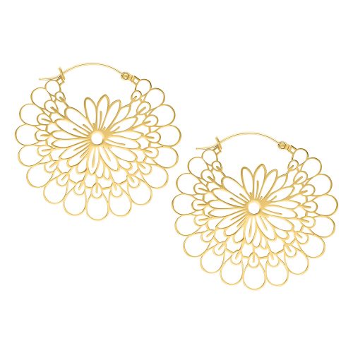 Goldene Daisy Hoops Ohrringe aus Chirurgenstahl auf weißem Hintergrund