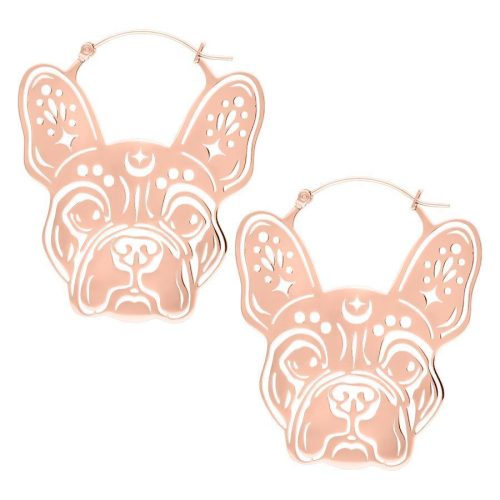 Roségoldene Bulldog Ohrringe mit Klappverschluss auf weißem Hintergrund