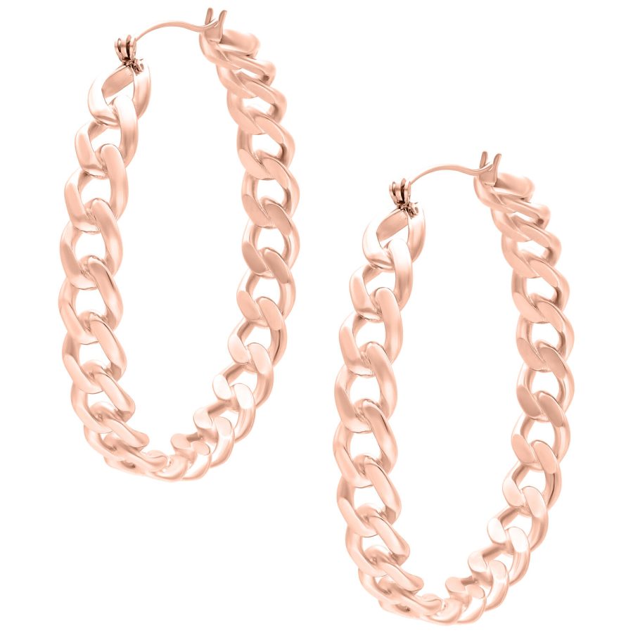 Zwei glänzende Curbchain Hoops aus Roségold auf weißem Hintergrund
