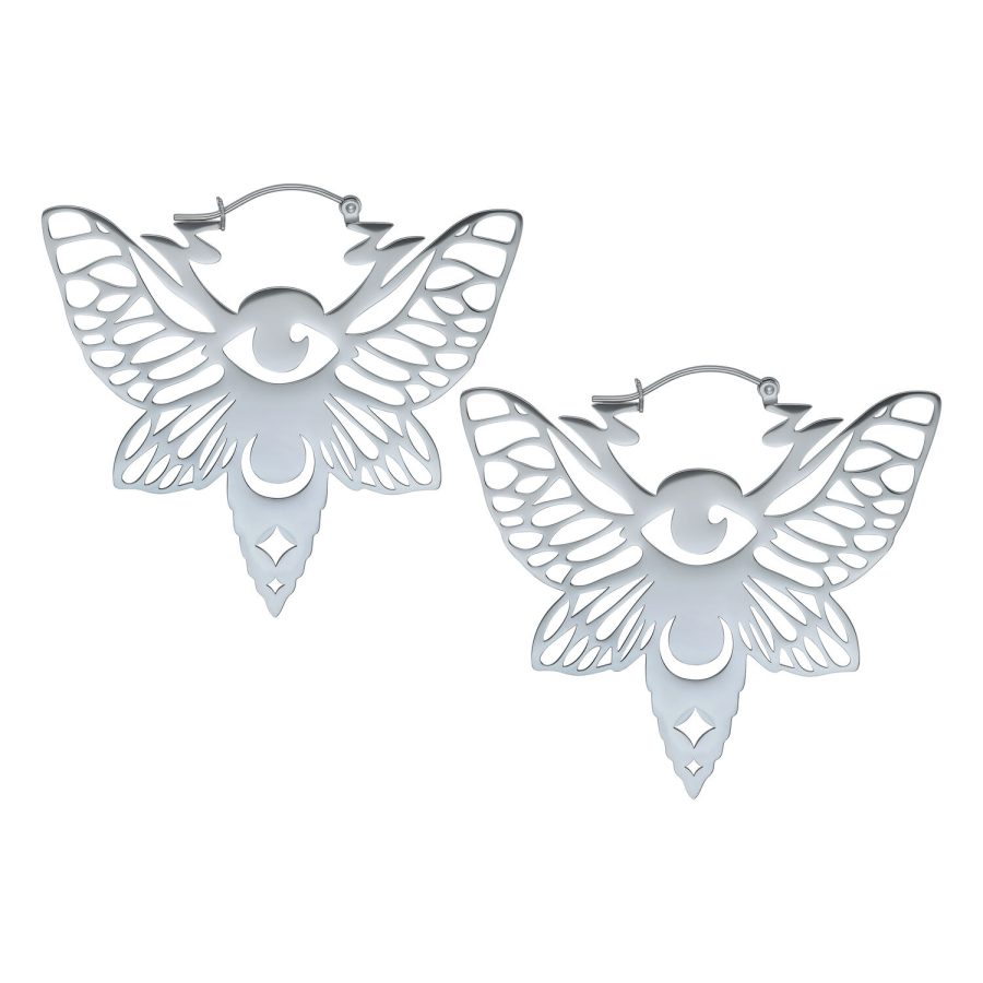 Paar silberne Moth Hoops Ohrringe aus Edelstahl auf weißem Hintergrund