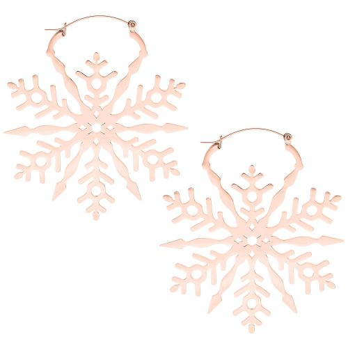 Zwei roségoldene Schneeflocken-Ohrringe aus Edelstahl auf weißem Hintergrund