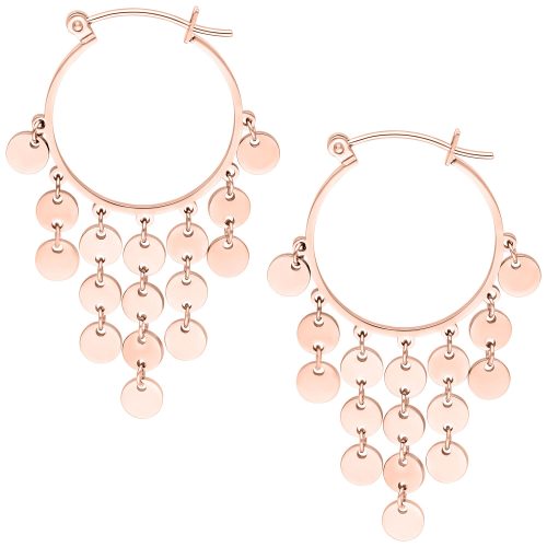 Paar roségoldene Ohrringe mit hängenden Plättchen auf weißem Hintergrund