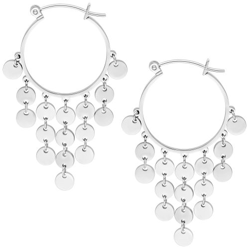 Silberne Dangling Plate Hoops Ohrringe auf weißem Hintergrund