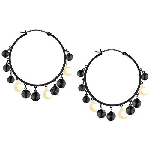 Schwarze Ohrringe mit goldenen und schwarzen Anhängern auf weißem Hintergrund