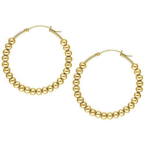 Zwei goldene Bubble Hoops Ohrringe aus Chirurgenstahl auf weißem Hintergrund