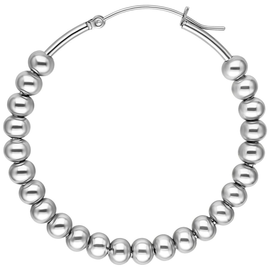 Silberne Bubble Hoops Ohrringe aus glänzendem Chirurgenstahl auf weißem Hintergrund