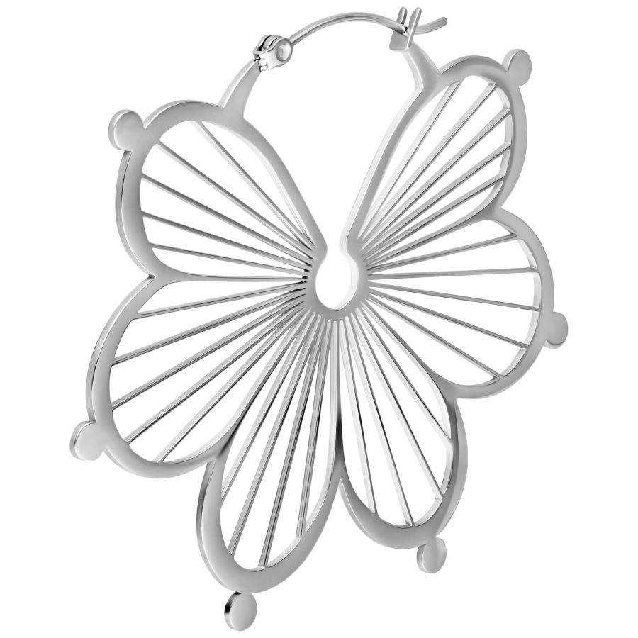 Silberne Flower Hoops Ohrringe mit Klappverschluss auf weißem Hintergrund