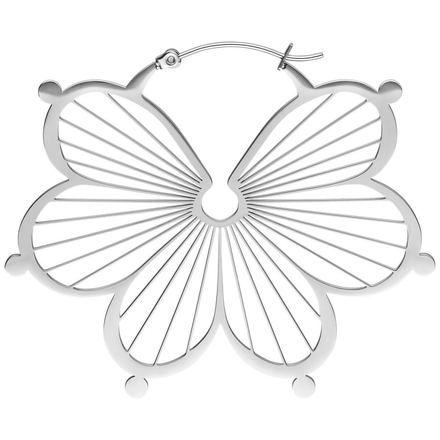 Silberne Flower Hoops Ohrringe aus glänzendem Chirurgenstahl auf weißem Hintergrund