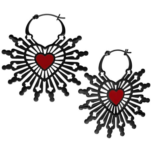 Schwarze Sacred Heart Creolen aus Chirurgenstahl mit Herzdesign auf weißem Hintergrund