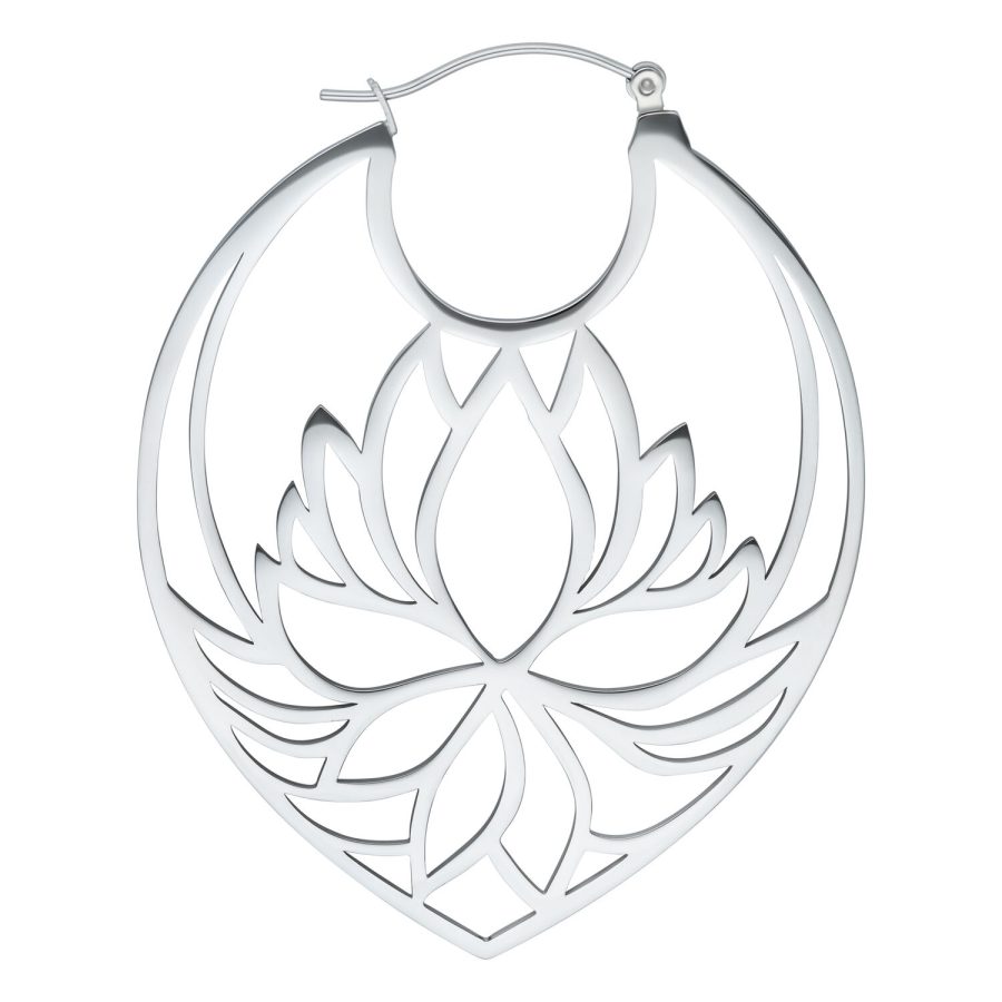 Silberne Lotus Hoops Ohrringe aus Edelstahl auf weißem Hintergrund